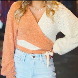 Le Lis V-Neck Wrap Sweater - Cream and Orange